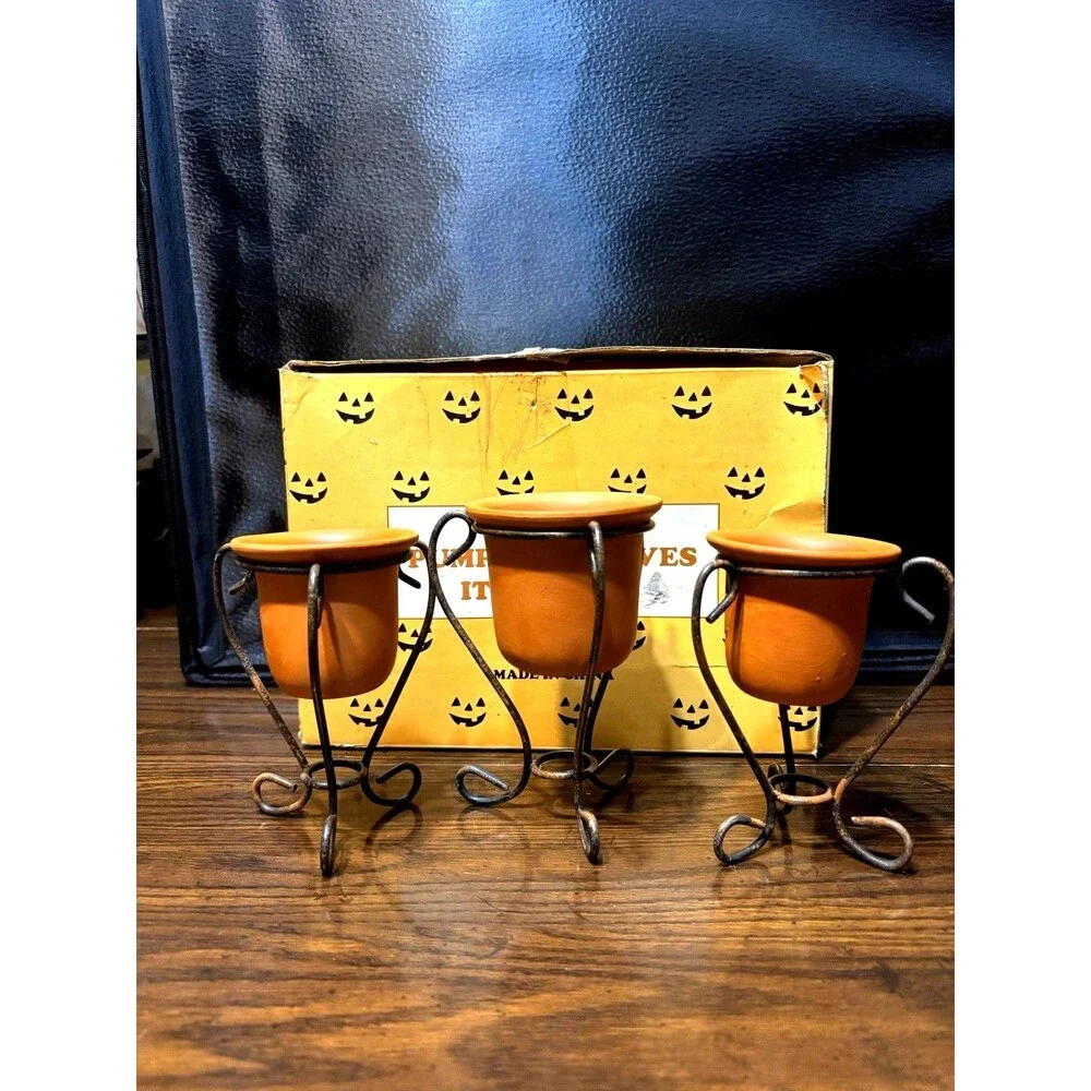 Vintage Terra-Cotta Jack-O'-Lantern Votive Candle Holders Set Of 3, Metal Stands
